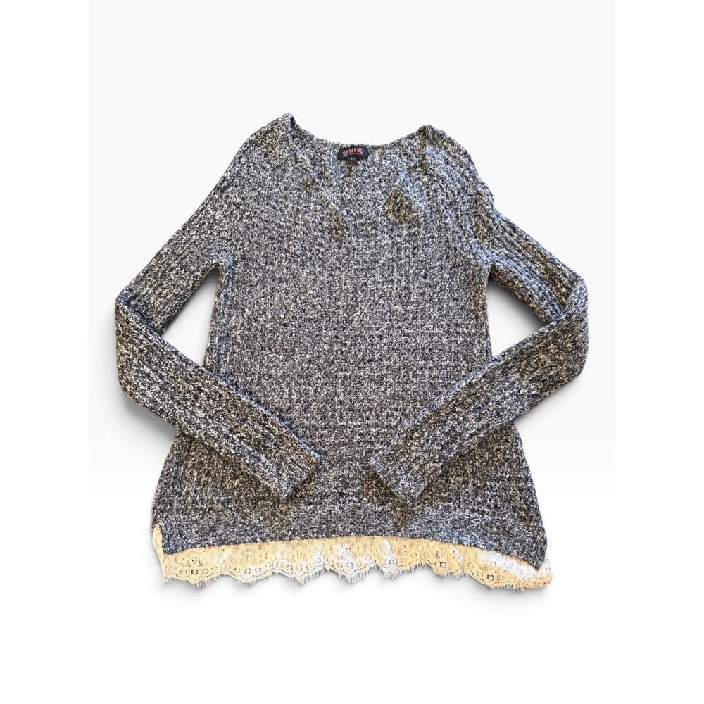 Shyanne Womens Marled Knit Lace Trim V-Neck Sweater Charcoal Grey Large